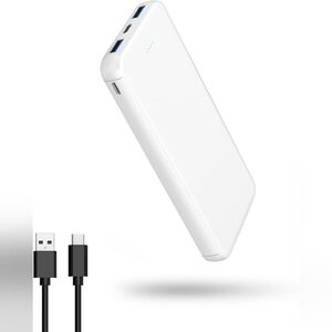 White Portable Power Bank with USB Cable